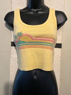 Billabong Yellow Sleeveless Crop Tank Top with Retro Palm Print